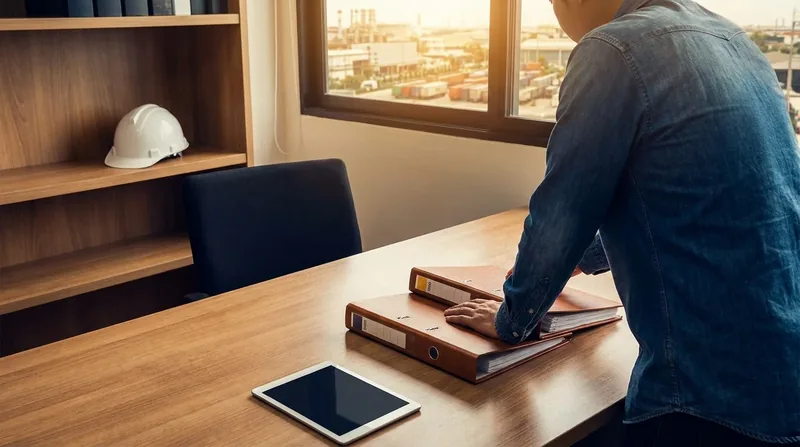 Payroll binders and a hard hat on a desk, Alaska Workers' Compensation