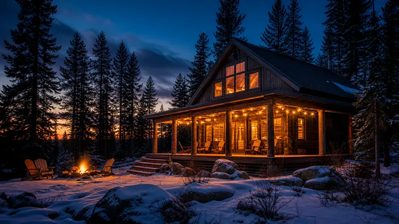 Small timber cabin with a porch and string lights among spruce trees at dusk, Anchorage Short-Term Rental Registration