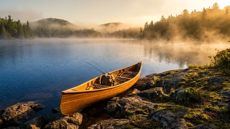 Wooden canoe on a rocky shore of a misty lake at sunrise, How to Start a Big Game Hunting Guide Business in Alaska