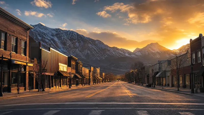 Mountain-backed city main street with low commercial buildings at golden hour, Alaska Boroughs, Cities and the Unorganized Borough