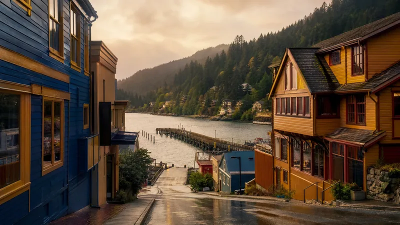 Steep waterfront street of a coastal port town with a wooded hillside behind, Southeast Alaska Cruise Port Tour Permits