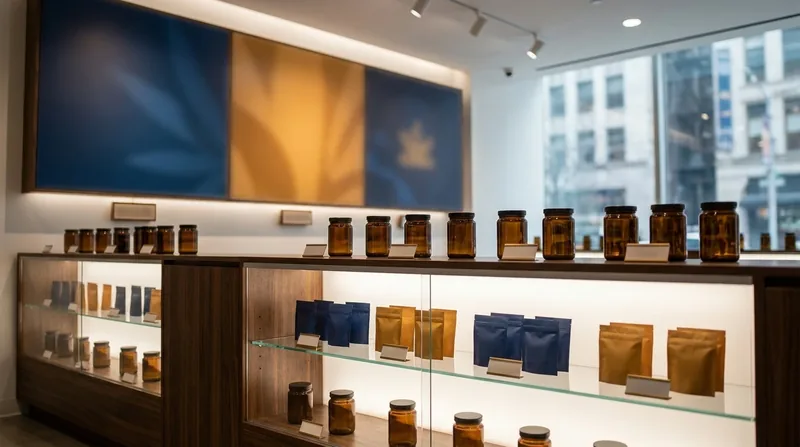Minimal retail shelf of jars and pouches, Anchorage Marijuana Establishment Licence