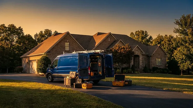 Service van and equipment outside a suburban home, How to Start a Snow Removal Business in Alaska